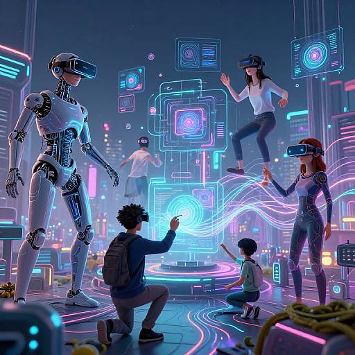 Digital art: Futuristic city scene with a family and a humanoid robot interacting with neon holograms and virtual interfaces. Vibrant neon lights, cyberpunk