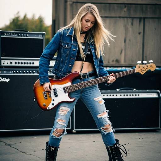 Young woman playing bass guitar outdoors
