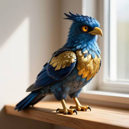 Photograph of a detailed, colorful, blue and gold bird figurine with sharp yellow beak and claws, perched on a sunlit windowsill