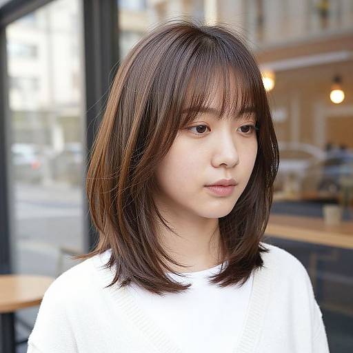 Photograph of an Asian woman with straight, shoulder-length brown hair, bangs, and fair skin, wearing a white top, seated indoors with a