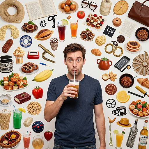 Photograph of a surprised man in a navy shirt, holding a drink, surrounded by various food and drink items, arranged randomly against a white background.