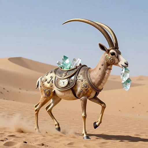 Digital illustration of a regal antelope with ornate, gold-accented saddle and blue crystals in its mouth, galloping through a desert