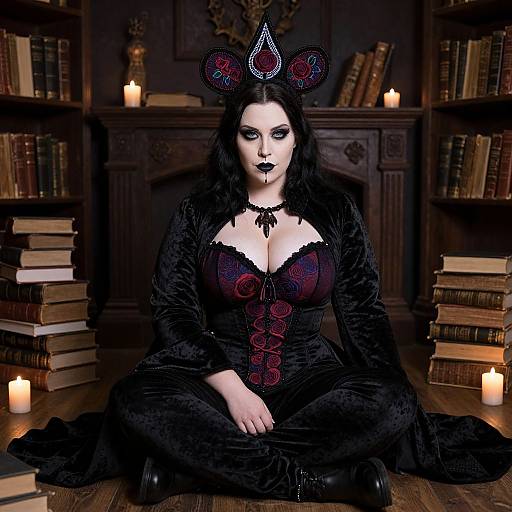 Gothic woman with black lace dress, red accents, crown, and black lipstick, sitting cross-legged in a dimly lit library with candles and