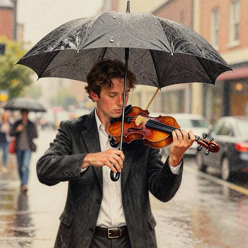 Street Violinist Playing in the Rain