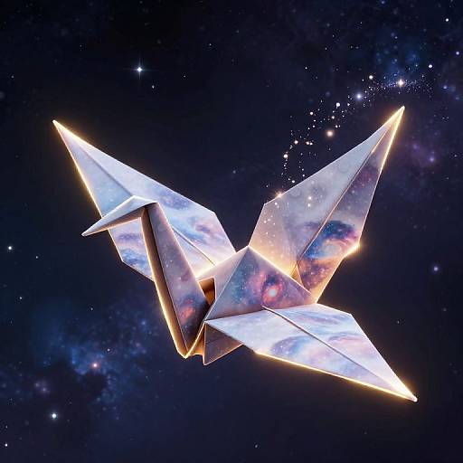 Digital artwork of a glowing, star-patterned origami spaceship flying through a cosmic, star-filled night sky with a nebula backdrop.