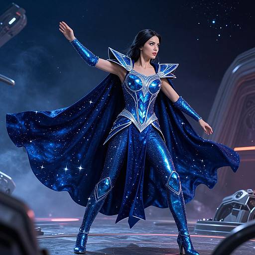 CGI image of a dark-haired woman in a shimmering blue star-studded superhero costume with cape, posing dramatically on a futuristic stage.