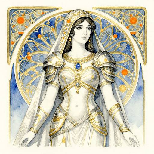 Digital illustration of a regal, fair-skinned woman with long black hair, wearing gold armor and a veil, set against a vibrant blue and orange