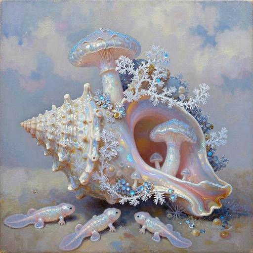 Iridescent Conch with Pastel Mushrooms