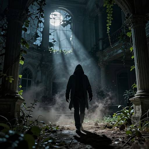 Mysterious hooded figure walks through misty, overgrown, abandoned cathedral with broken stained glass and sunlight filtering through. Dark, eerie atmosphere. Phot