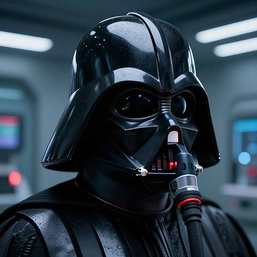 Photorealistic CGI of Darth Vader in black, glossy armor with breathing mask, wet texture, and sci-fi background with blurred screens.