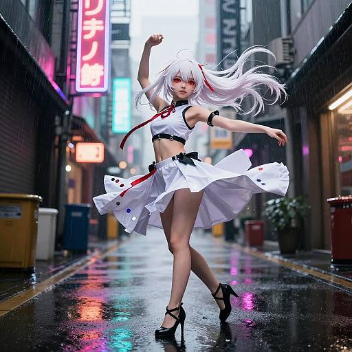 Anime Girl Dancing in Neon-lit Rainy Alley