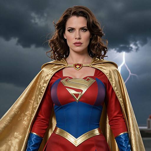Photograph-style CGI of a brunette woman with wavy hair in a red and blue Supergirl costume, gold cape, and heart necklace, standing