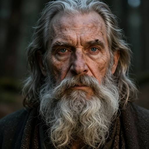 Photograph of an elderly man with long, wavy gray beard, intense blue eyes, and weathered face, wearing a dark cloak, set against