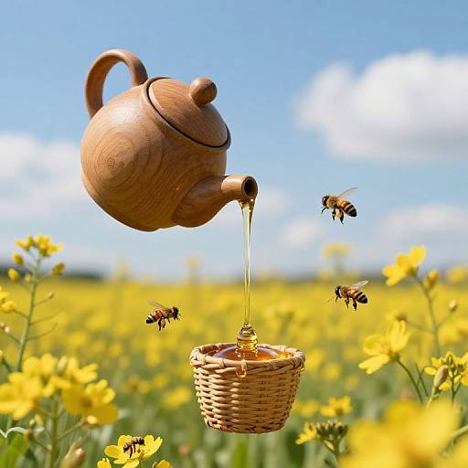Photograph of a wooden teapot pouring honey into a wicker basket, surrounded by flying bees in a vibrant yellow flower field under a bright blue sky