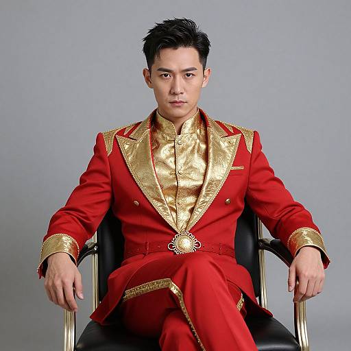 Photograph of an Asian man with short black hair, wearing a red and gold ornate jacket and pants, seated on a black chair against a gray