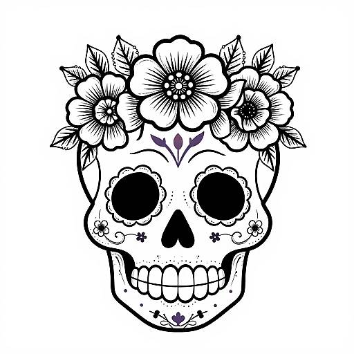Black and white digital drawing of a skull adorned with floral crown, featuring detailed flowers and intricate skull decorations.