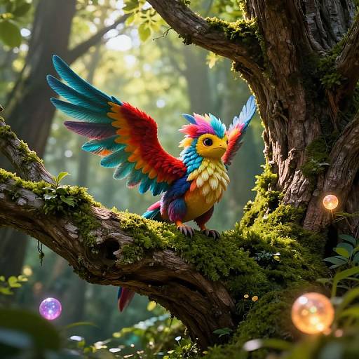 Digital artwork of a vibrant, multicolored bird with red, blue, yellow, and green feathers perched on a mossy tree branch in a
