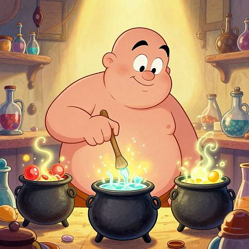Cartoon-style image of a bald, chubby, shirtless man with a smile, stirring glowing cauldrons in a colorful, wooden-walled al