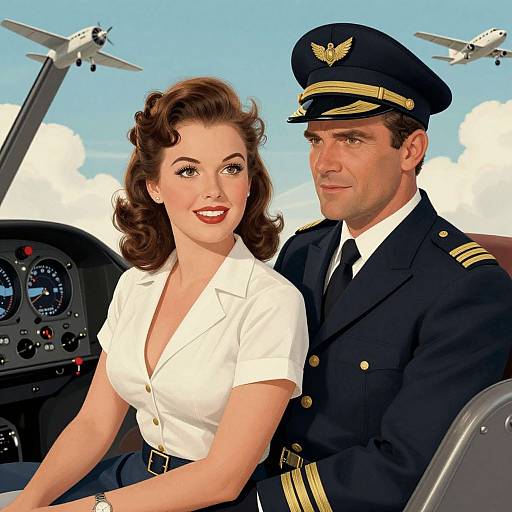 Vintage Pilot Couple in Cockpit