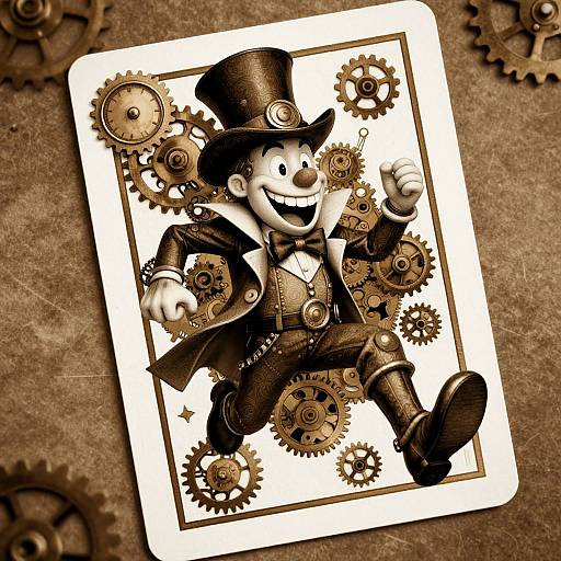 Sepia-toned digital illustration of a cheerful cartoon character in Victorian attire, surrounded by gears, on a textured card.