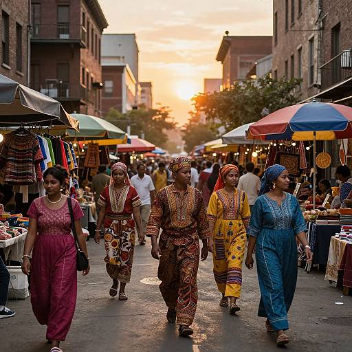 Photograph of four African women in colorful traditional dresses walking through a bustling outdoor market at sunset, surrounded by vendor stalls and colorful umbrellas.