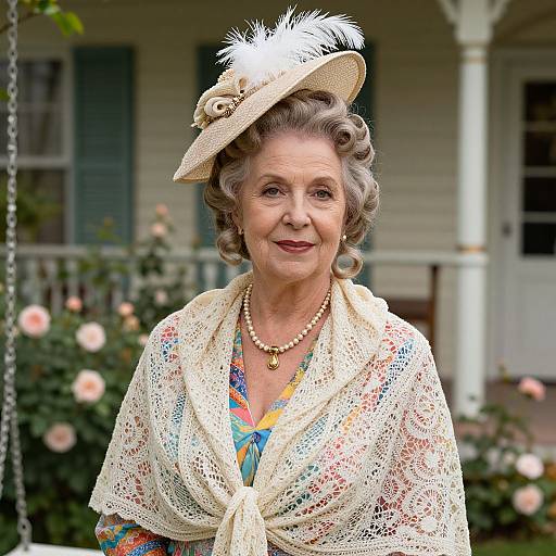 Photograph of an elderly woman with gray curly hair, wearing a white lace shawl, colorful dress, pearl necklace, and feathered hat, standing