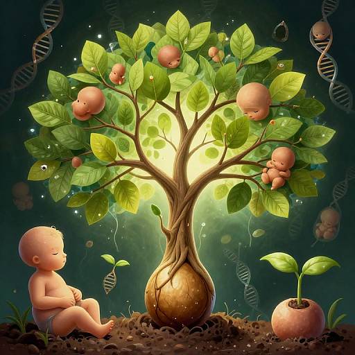 Digital artwork of a glowing tree with fruit, a bald baby in diapers sitting left, small plant right, DNA helices, and a radiant moon-like