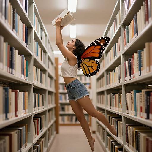 Photograph of a woman with orange butterfly wings, white tank top, and denim shorts, leaping between bookshelves, reaching for a book.