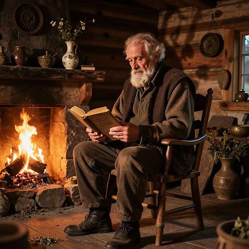 Photograph of elderly bearded man with white hair, wearing brown sweater and pants, reading book by warm fireplace in rustic log cabin.