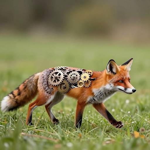 Photograph of a red fox with intricate gear patterns on its back, walking through a grassy field, blurred background.