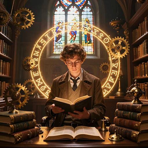 Steampunk Scholar in Enchanted Library