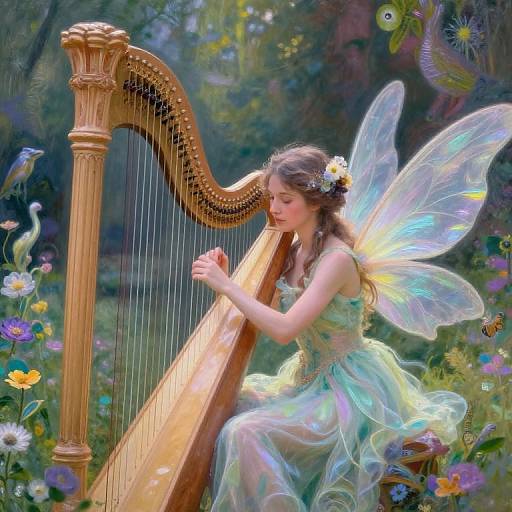 Fantastical digital painting of a fairy with iridescent wings, playing a wooden harp in a vibrant, enchanted forest.