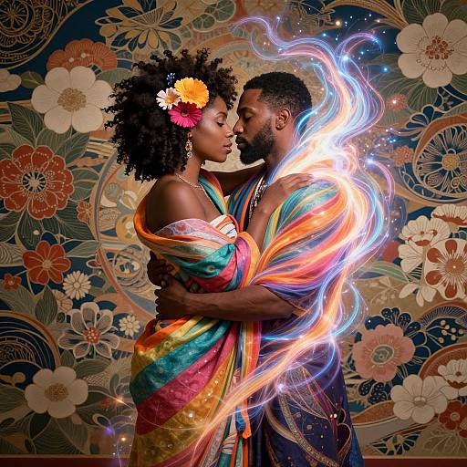 Photograph of an African couple embracing, wrapped in colorful fabric, surrounded by glowing light and floral wallpaper, with the woman's afro adorned with a