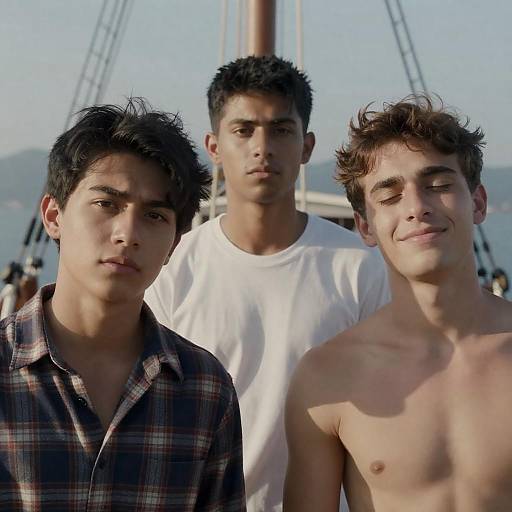 Three Young Men on a Ship at Sea
