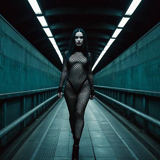 Androgynous Model in Sheer Fishnet Dress in Urban Underpass