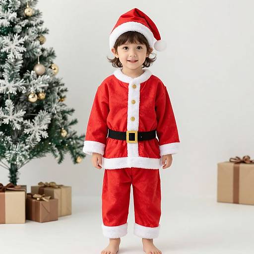 Photograph of a smiling young child in a red Santa outfit with white trim, black belt, and hat, standing in front of a decorated Christmas tree
