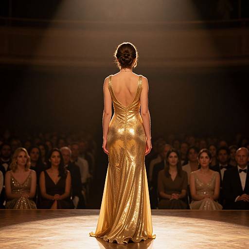 Photograph of a woman in a backless, shimmering gold evening gown, walking down a dimly lit fashion runway with an audience in the background