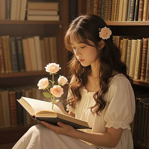 Photograph of a young woman with long brown hair, wearing a white dress, reading a book surrounded by roses in a dimly lit library.