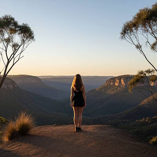 Photograph of a woman with long brown hair, wearing a black top and shorts, standing on a rocky lookout, facing a vast, sunlit canyon