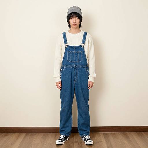 Photograph of an Asian girl with short black hair, wearing a gray beanie, white long-sleeve shirt, blue denim overalls, and