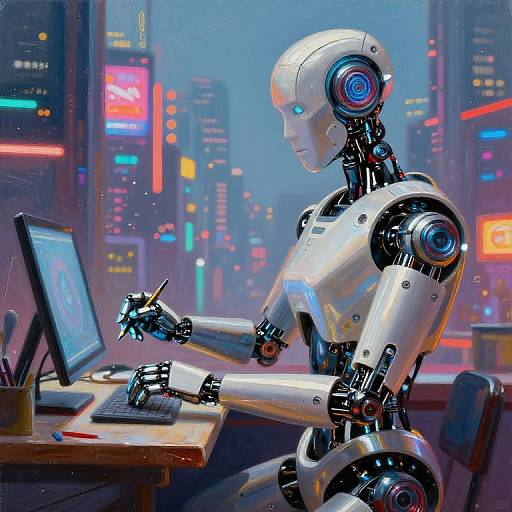 Digital artwork of a sleek, white humanoid robot typing on a laptop in a neon-lit, futuristic cityscape office.