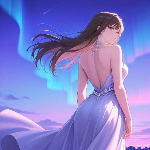 Elegant Girl Under Aurora Borealis