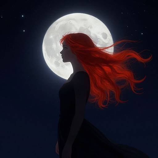 Digital illustration of a silhouetted woman with vibrant red hair against a bright full moon in a starry night sky.