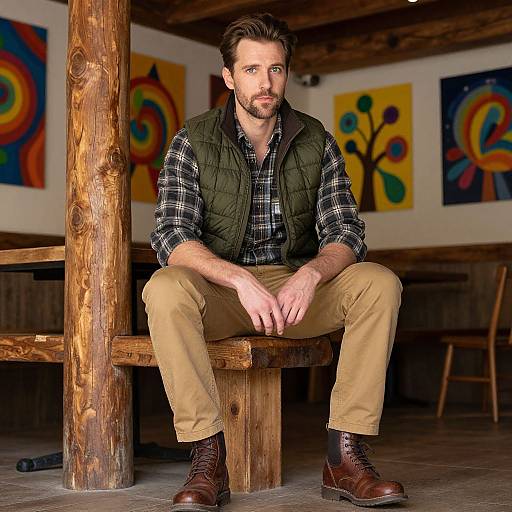Photograph of a bearded man with short brown hair, wearing a green quilted vest, plaid shirt, beige pants, and brown boots,