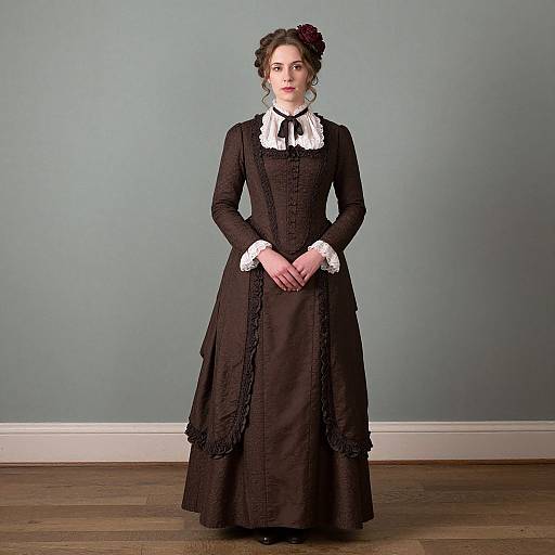 Photograph of a pale-skinned woman with dark hair in a Victorian-style black dress with white lace collar and cuffs, standing against a light blue wall