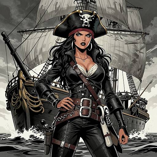 Digital illustration of a sexy, blue-eyed pirate woman with black hair, large breasts, black leather outfit, skull hat, and ship in stormy seas