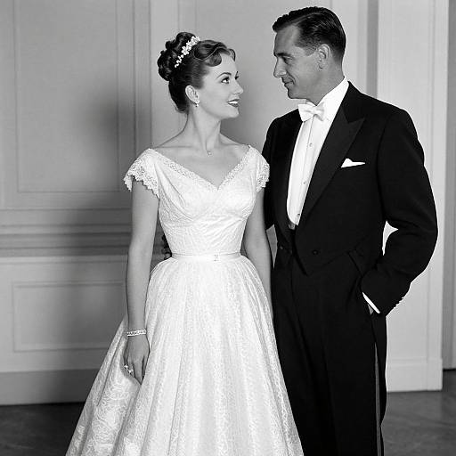 Black-and-white photograph of a smiling bride in a lace wedding dress and a groom in a tuxedo, standing close in an elegant room.