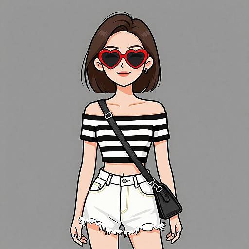 Digital illustration of a young woman with short brown hair, red heart-shaped sunglasses, black-and-white off-shoulder top, white frayed shorts,