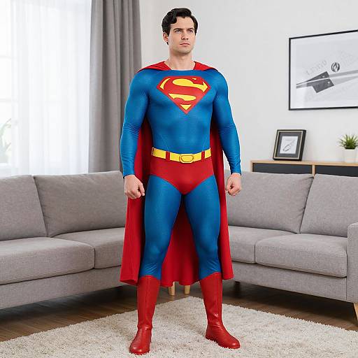 Photograph of a muscular man with short black hair, standing in a modern living room, wearing a classic Superman costume with blue, red, and yellow