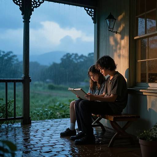 Photograph: Rainy evening on a creaky wooden porch, two young people with wet hair, sitting closely, reading a tablet, soft blue